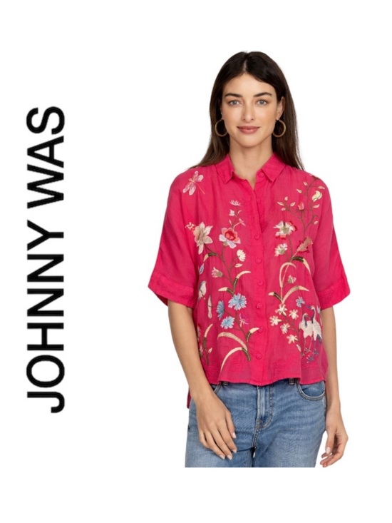 Johnny Was Tops - Johnny Was Genivieve Relaxed Dolman Shirt Medium Fuchsia Pink Embroidered NWT